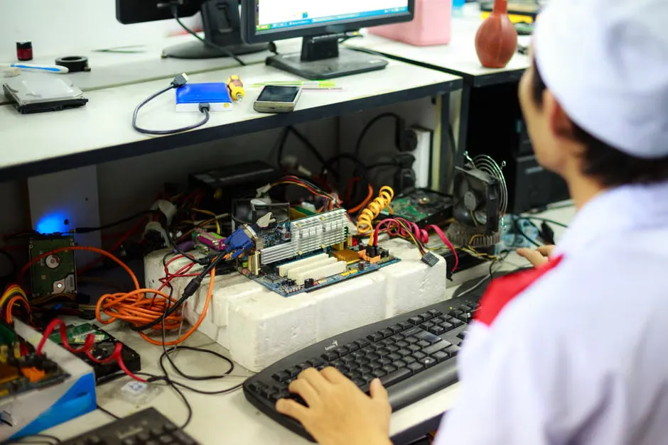 Technician diagnosing an office multifunction printer at a customer workstation